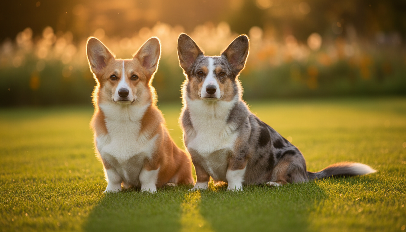 Comparaison physique entre un Corgi Pembroke fauve et un Corgi Cardigan bleu merle assis dans l'herbe
