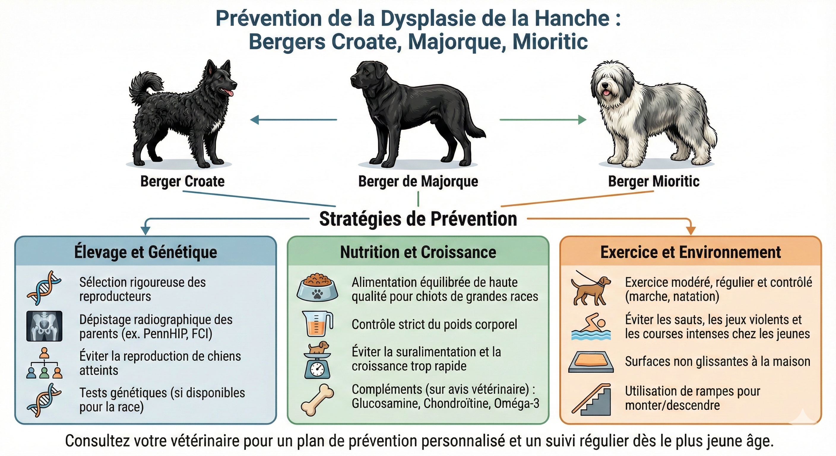Prévenir la dysplasie de la hanche et du coude chez les Bergers Croate, Majorque et Mioritic