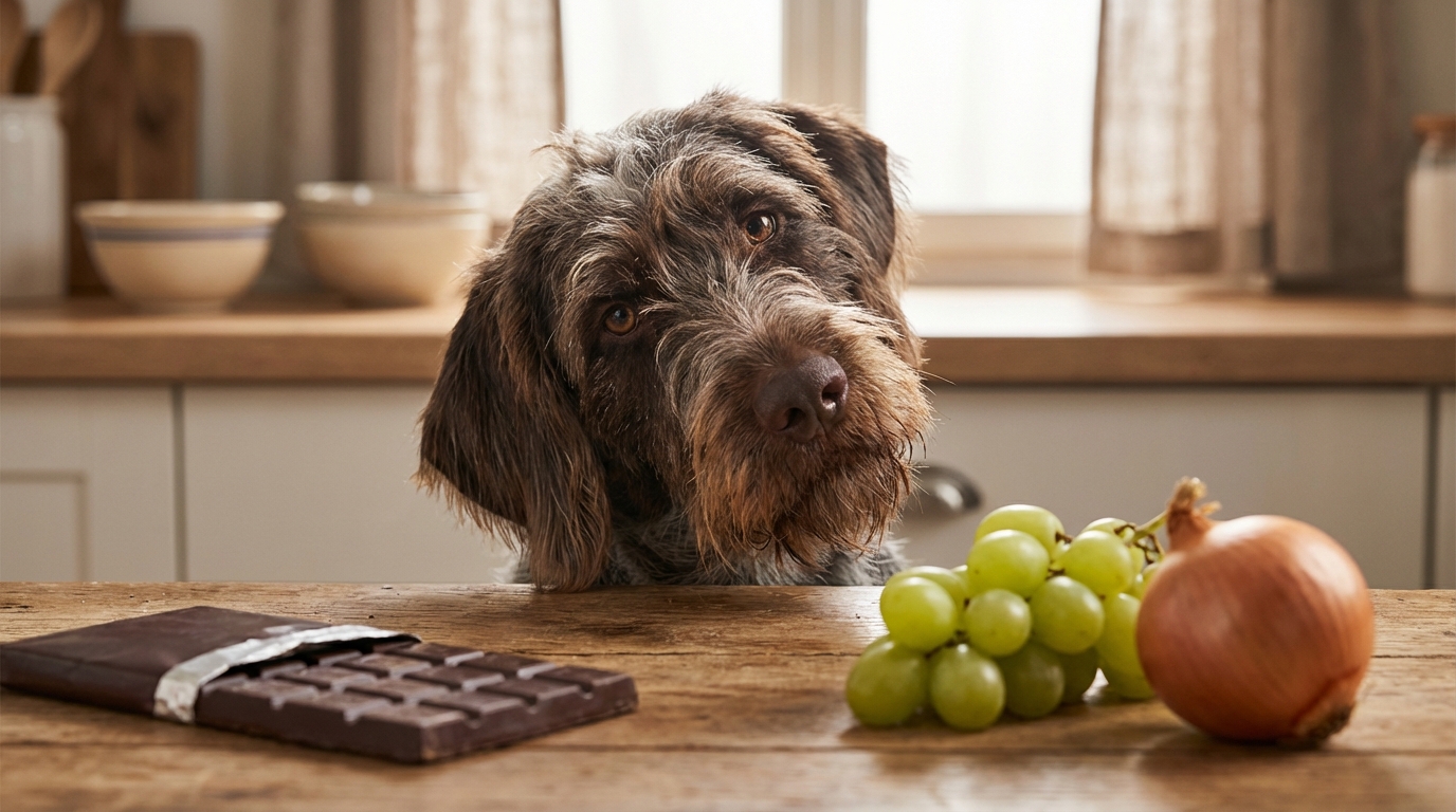 Un chien griffon devant des aliments toxiques comme le chocolat et les raisins, illustrant les dangers alimentaires.