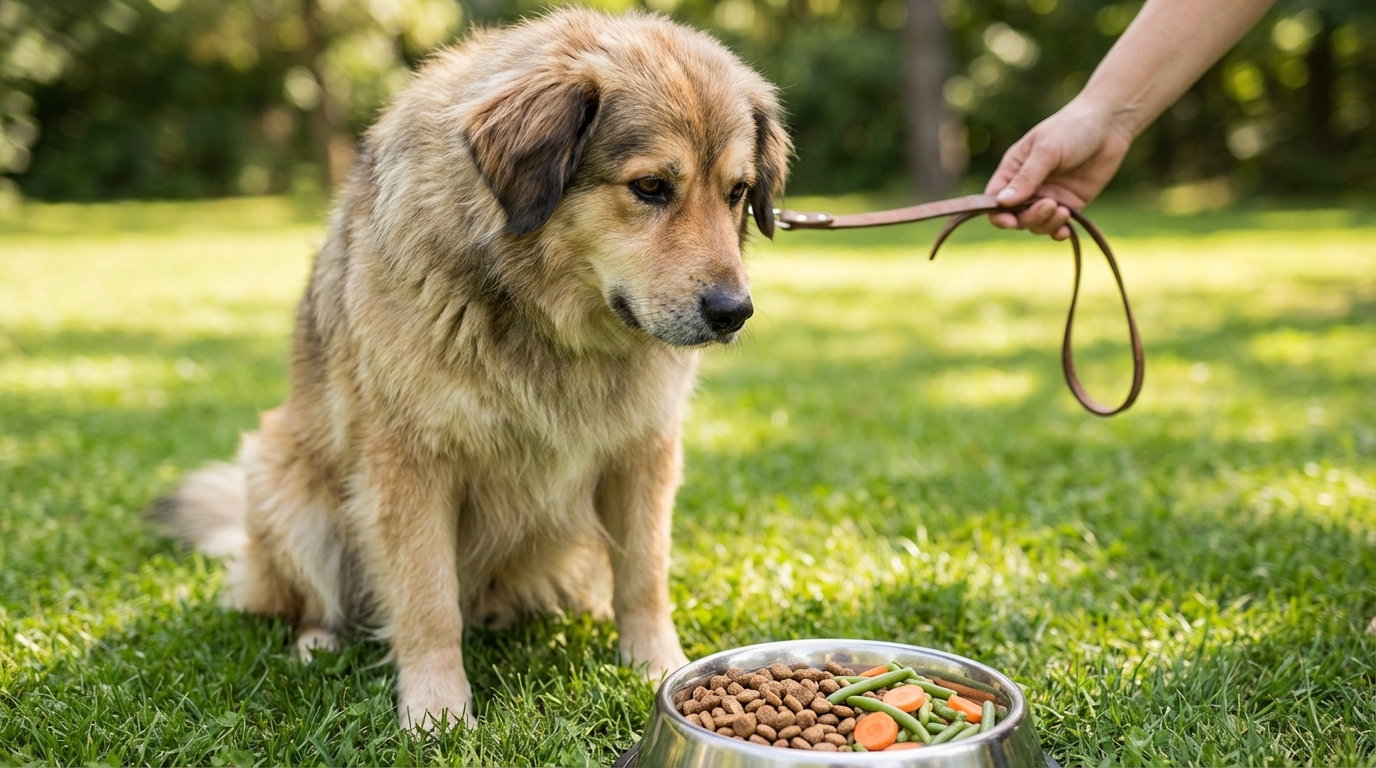 Chien de berger en surpoids devant sa gamelle de régime, illustrant l'importance de l'alimentation saine pour faire maigrir.