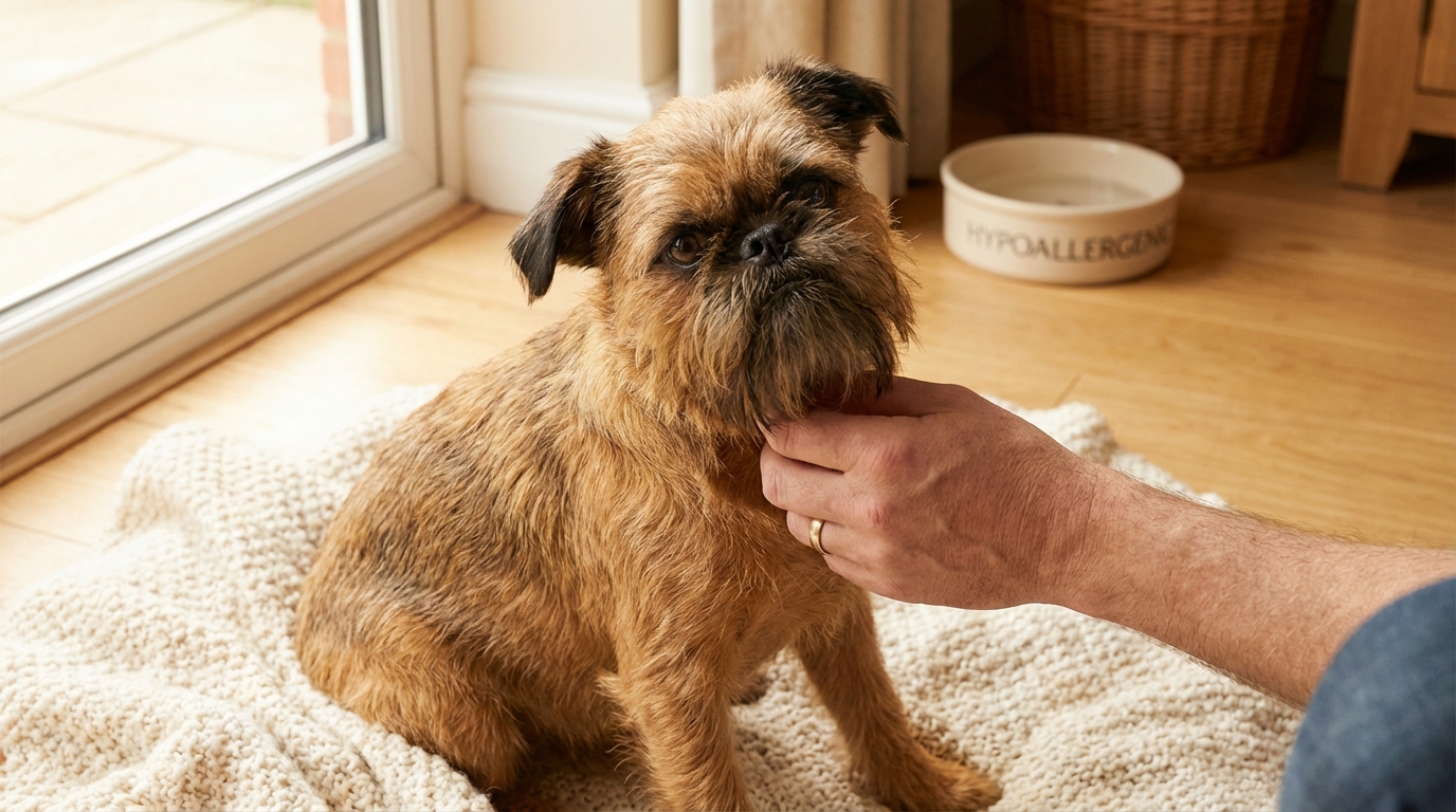 Griffon Bruxellois observé attentivement par son maître, recevant des soins pour ses allergies alimentaires. Comprendre et gérer les symptômes.