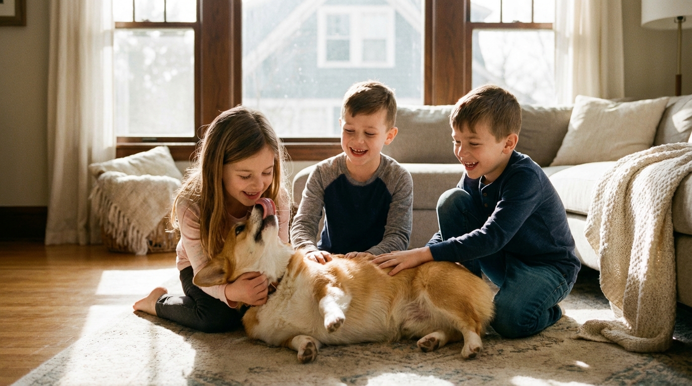 Adorable Corgi de Pembroke Welsh jouant joyeusement avec des enfants, montrant qu'il est un excellent chien de famille.