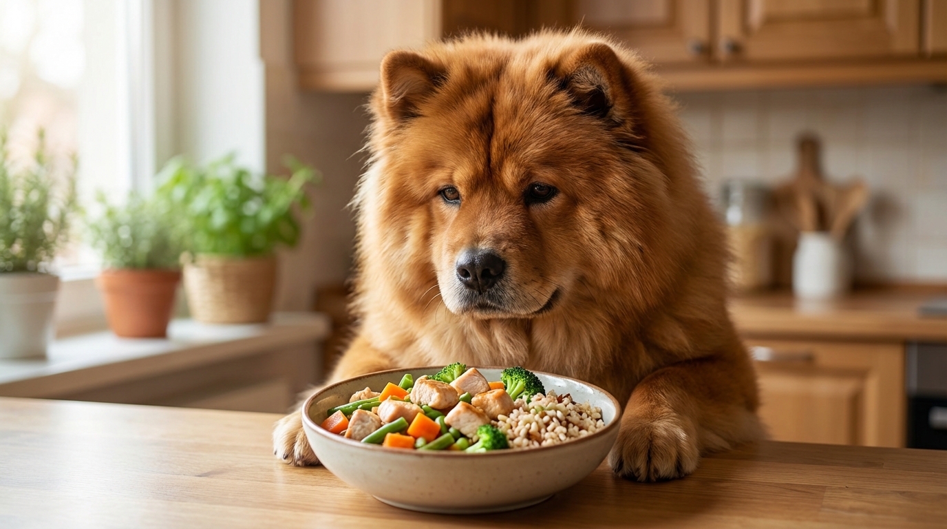 Chow-chow joyeux devant sa gamelle d'alimentation naturelle équilibrée, pleine de recettes saines et variées.