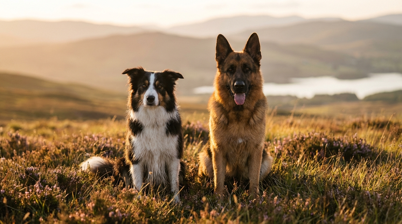 Border Collie et Berger Allemand assis dans une prairie écossaise