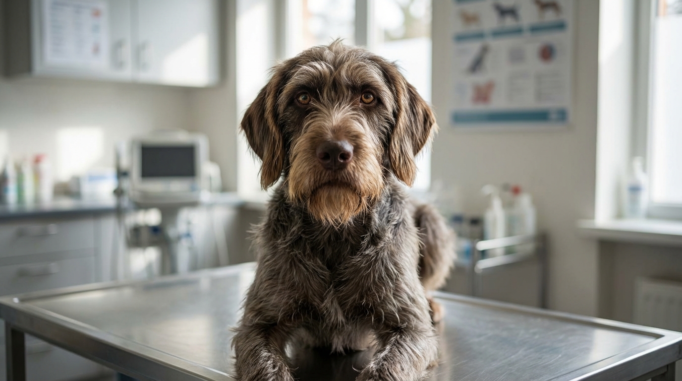 Griffon Korthals assis sur une table de consultation vétérinaire pour une visite pré-stérilisation