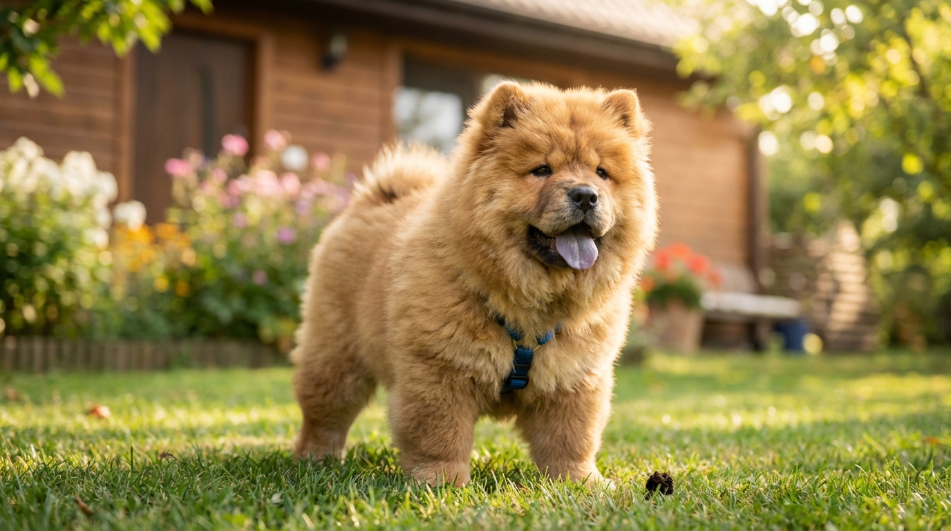 Chiot chow-chow dans le jardin pour apprendre la propreté : conseils éducation canine positive.