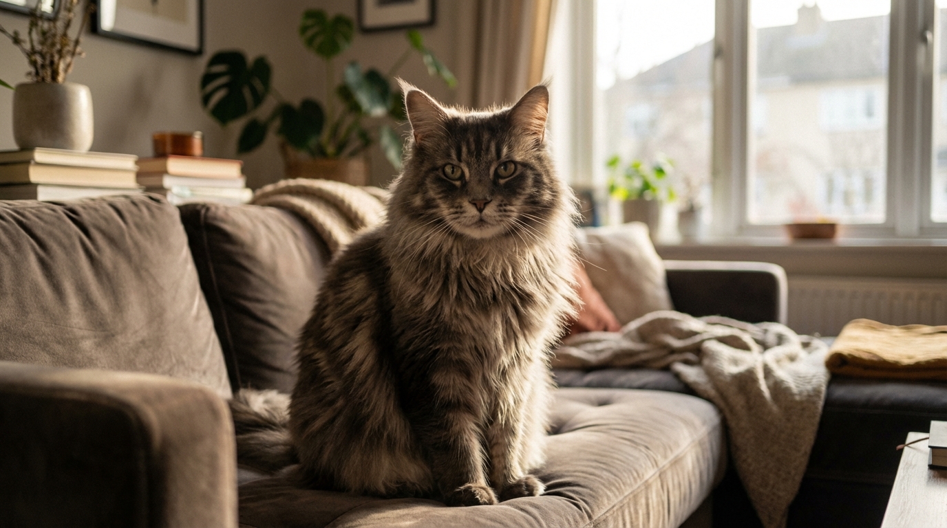 Adès, un magnifique chat Maine Coon au pelage long, regarde l'objectif avec un air doux et confiant, portant un collier.