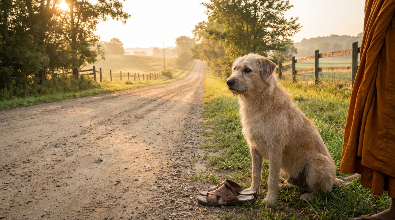 Aloka, un chien au regard doux, assis paisiblement à côté d'un moine bouddhiste en robe safran lors de leur marche pour la paix.