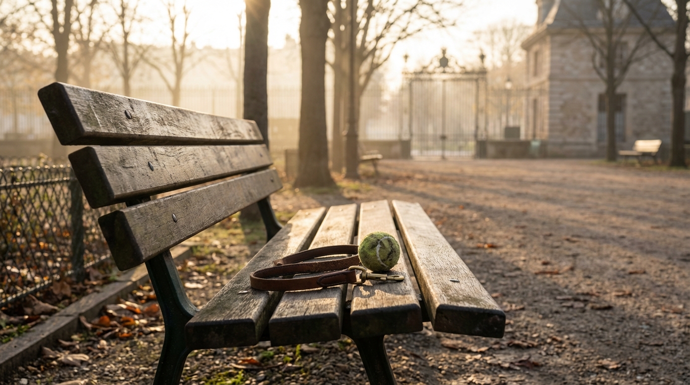 Un parc canin vide à Paris, avec une laisse et une balle posées sur un banc, symbolisant une absence tragique après une altercation mortelle.
