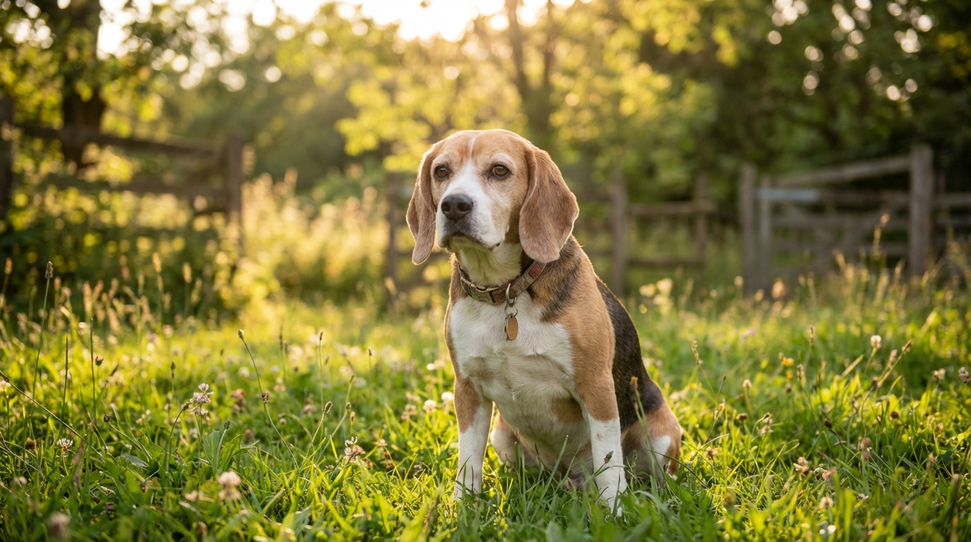 Un adorable beagle aux yeux tendres regarde l'objectif, assis dans l'herbe d'un refuge, symbolisant sa nouvelle vie après le laboratoire.