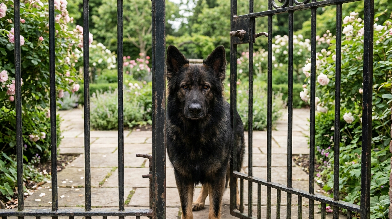 Un berger allemand à l'air méfiant derrière une clôture en bois, symbolisant la protection d'une propriété privée.