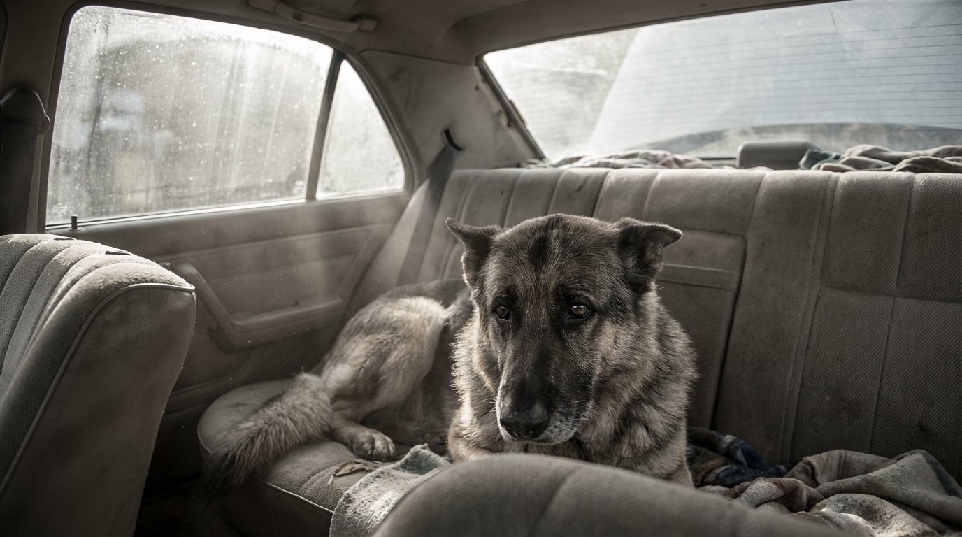 Un berger allemand au regard triste est assis seul sur la banquette arrière d'une voiture, symbolisant l'abandon et la solitude.
