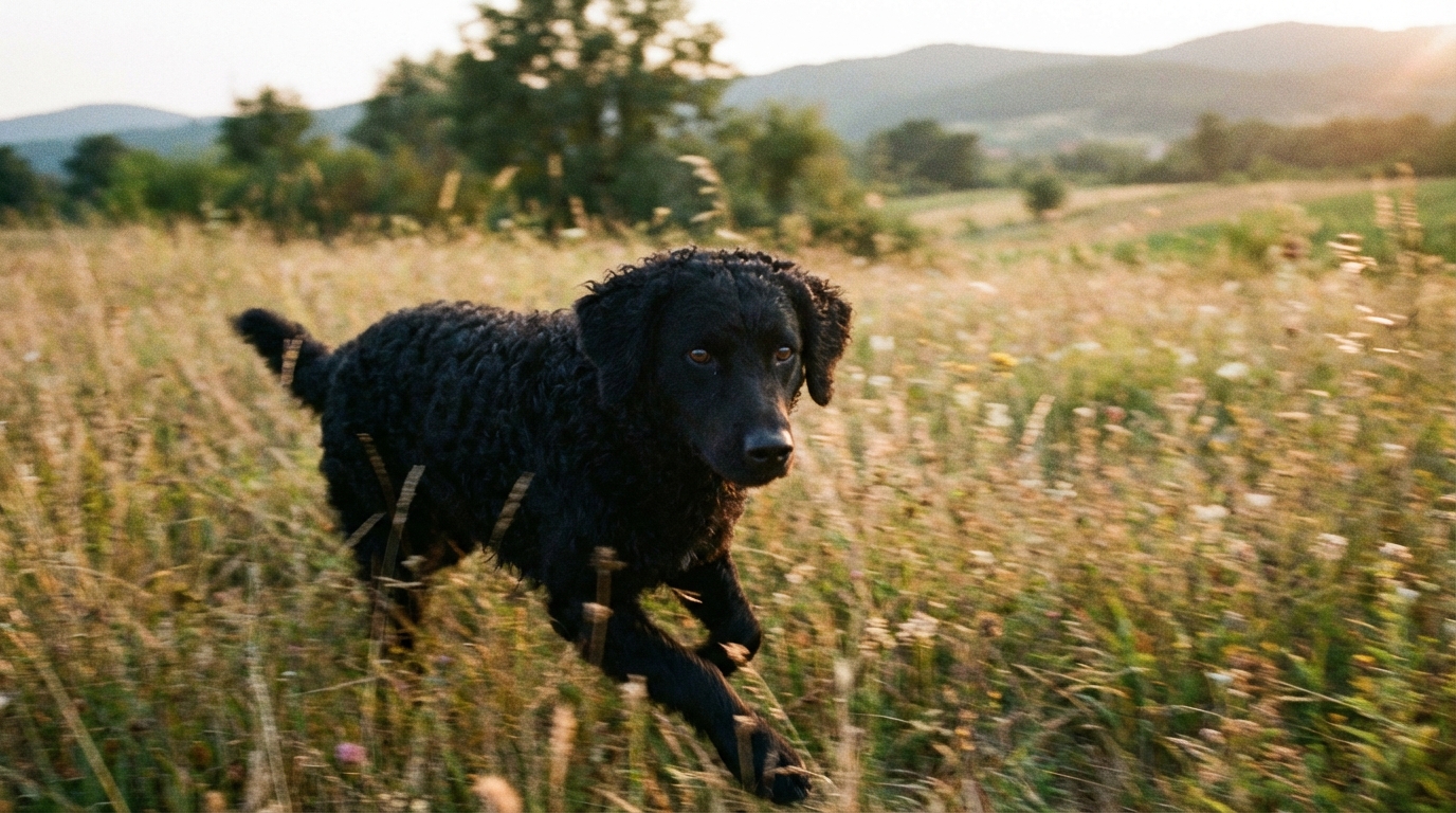 Un berger croate noir et bouclé, plein d'énergie, courant dans un champ au coucher du soleil.