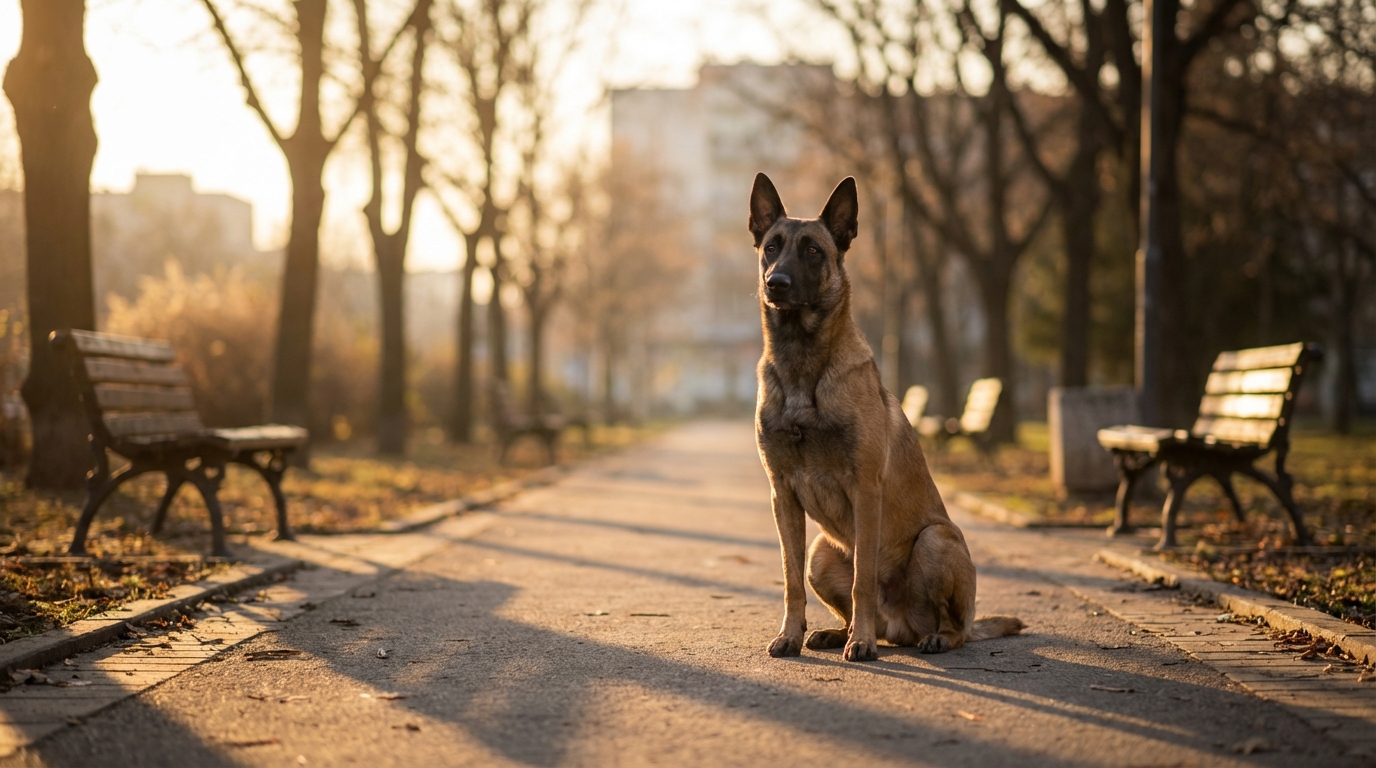 Un berger malinois assis dans l'herbe d'un parc, semblant perdu et triste, illustrant la responsabilité du maître.