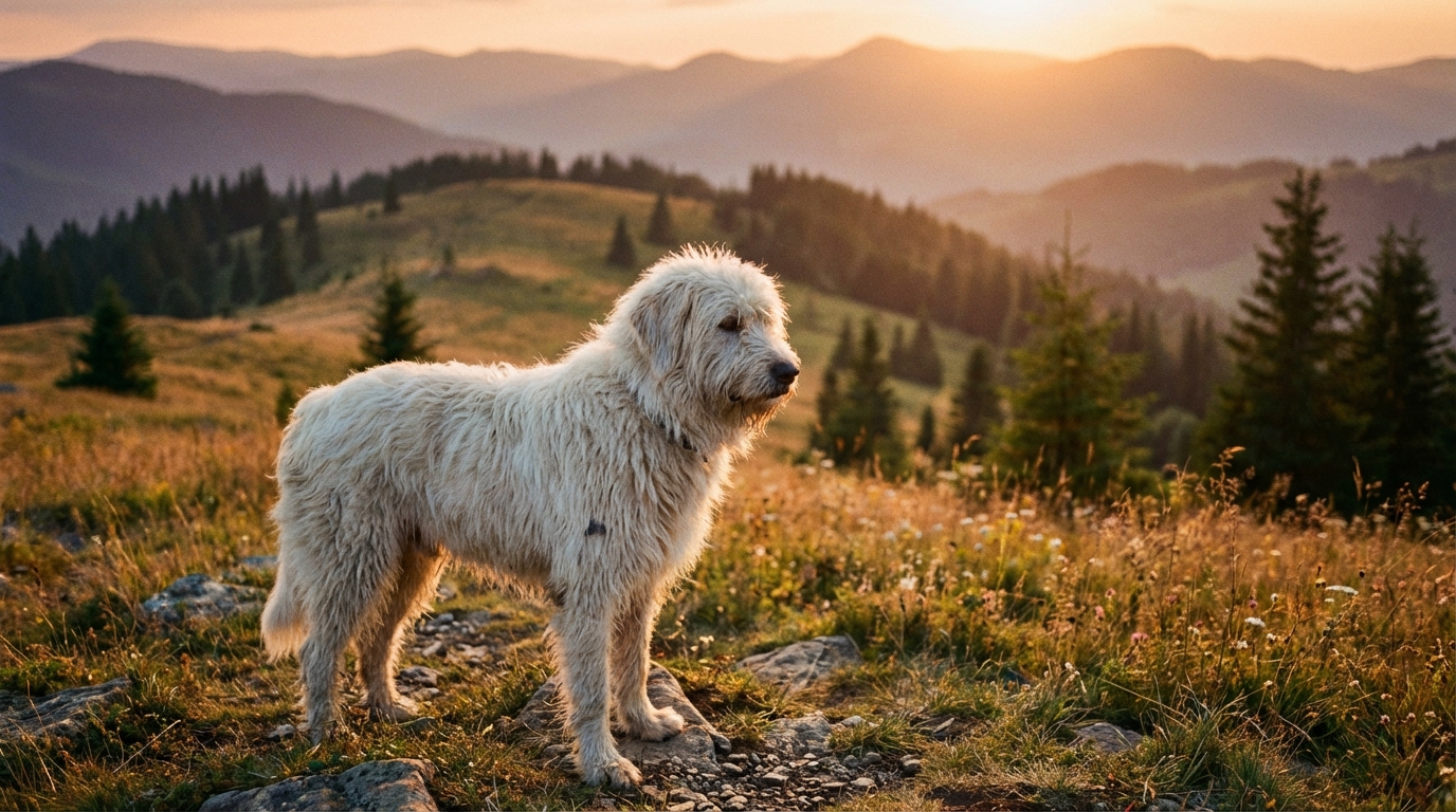Un Berger Mioritic adulte au poil long et blanc, debout dans un paysage de montagne, illustrant le caractère noble de la race.