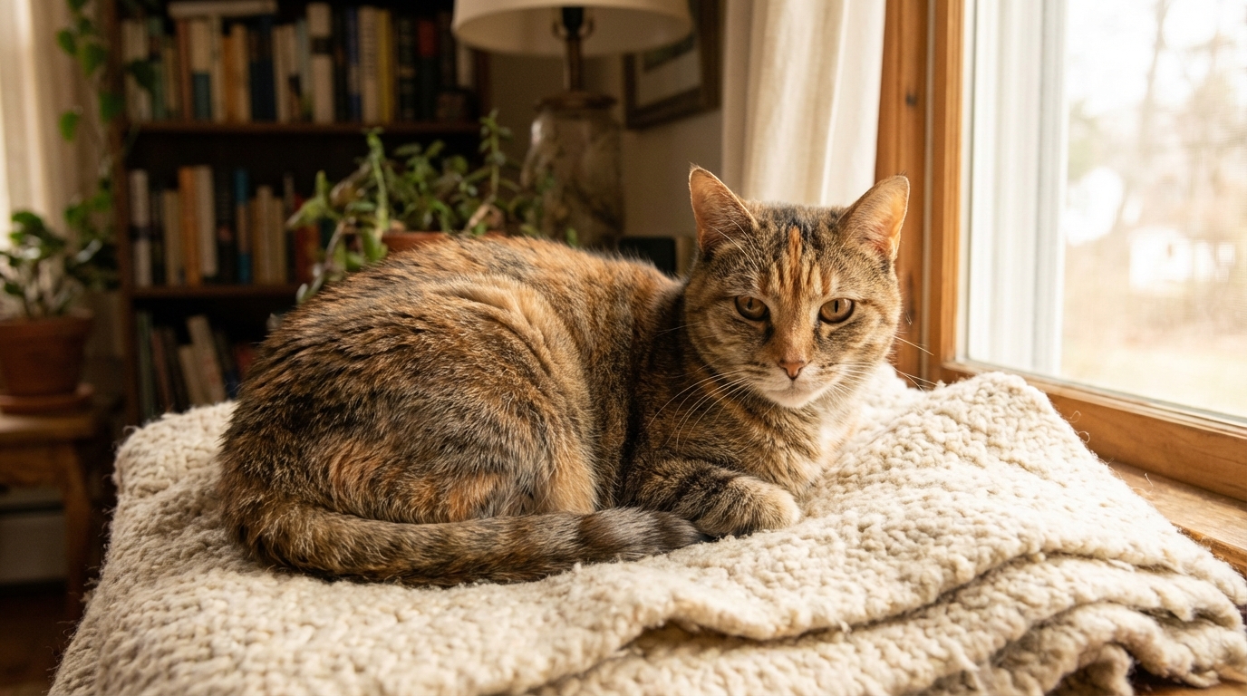 Le chat Adès, un beau matou au pelage tigré, regarde sereinement l'objectif après avoir été retrouvé par son association.