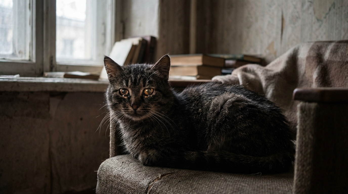 Un chat de gouttière adulte au pelage sombre regarde tristement, symbolisant la confusion et la tristesse face à la maltraitance animale.
