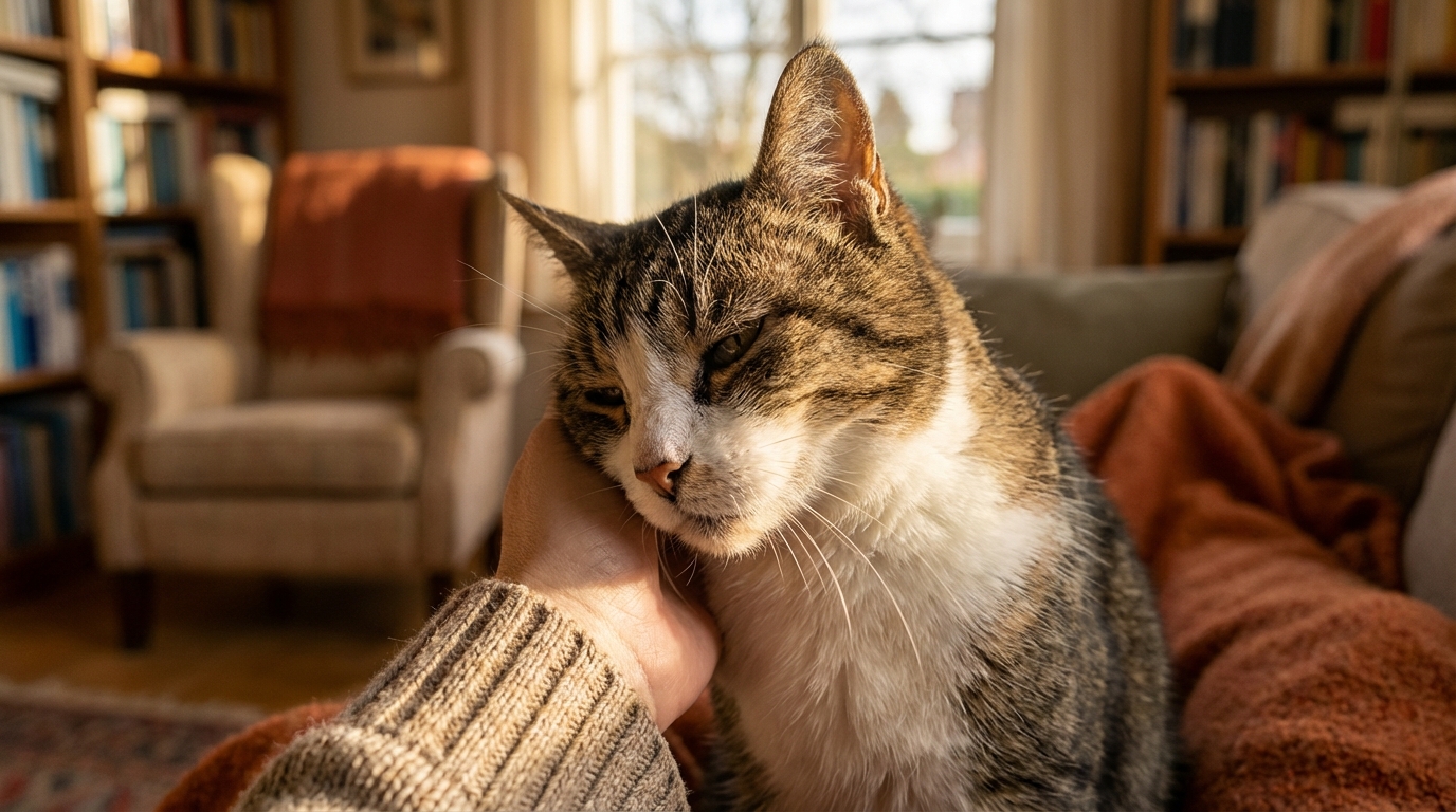 Un chat tigré et blanc, d'apparence âgée mais sereine, regarde l'objectif avec curiosité dans un salon chaleureux.
