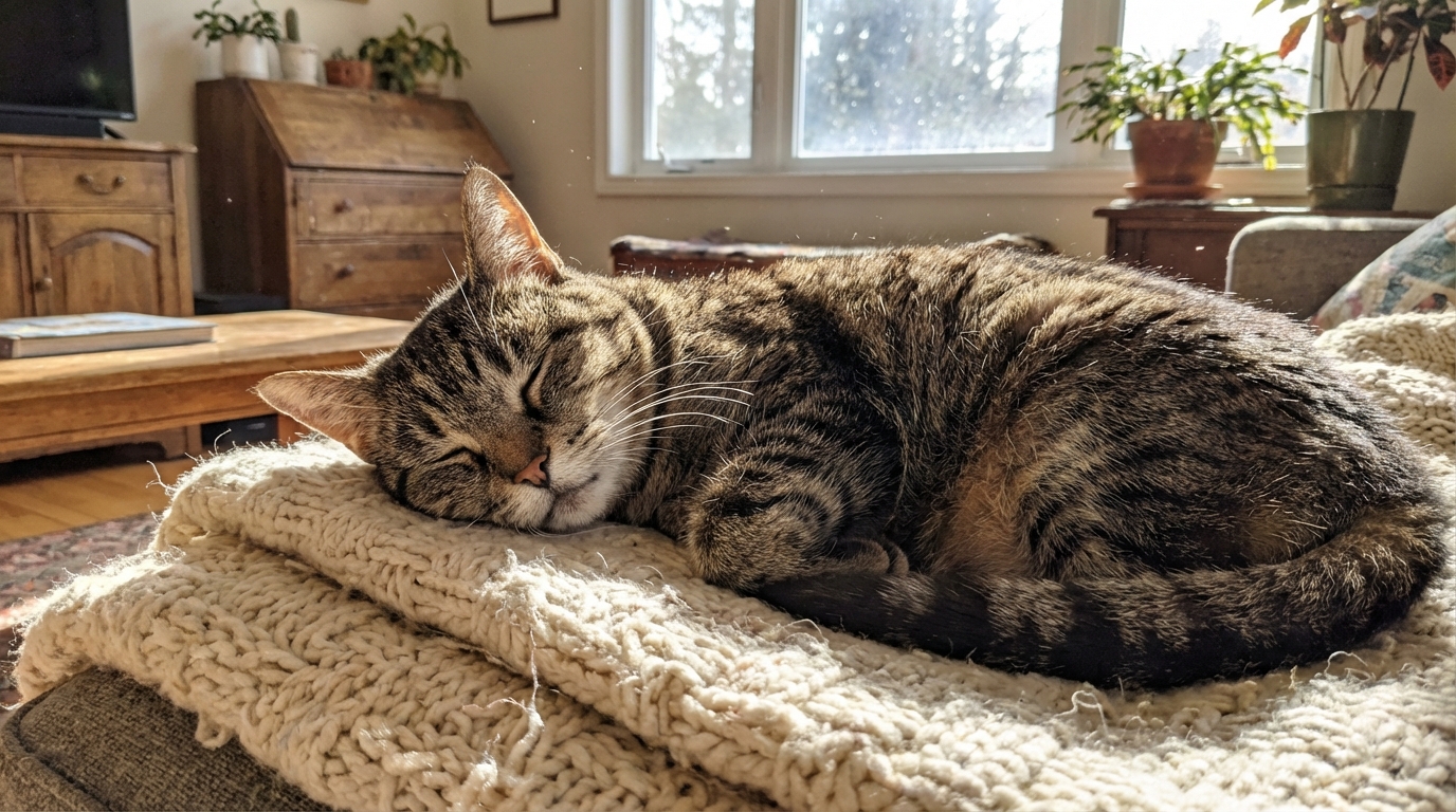 Un chat âgé au regard doux et apaisé, confortablement installé sur une couverture chaude après avoir été secouru.