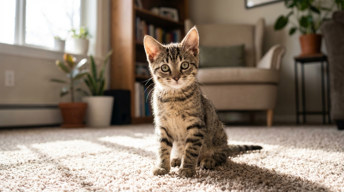 Un chat roux et blanc assis sur un canapé, regardant directement l'objectif avec un air sain et sauf, symbolisant la fin heureuse.