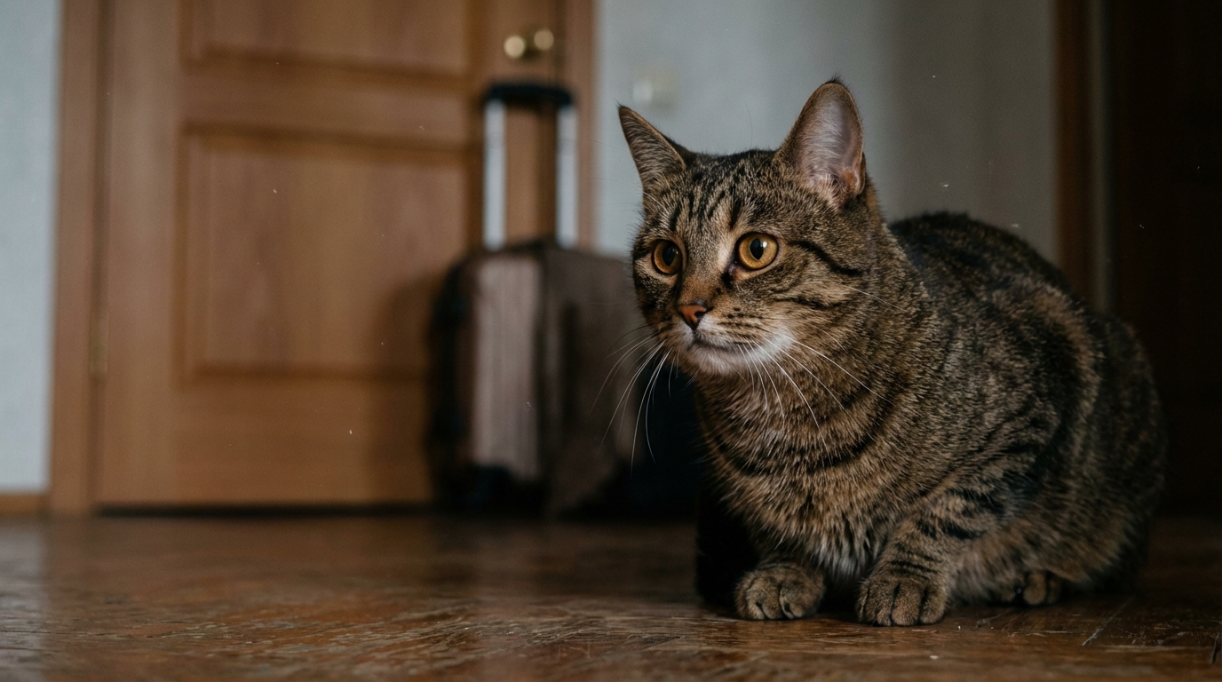 Un chat au regard inquiet, assis dans un intérieur, symbolisant les tensions familiales et les disputes pour sa garde.