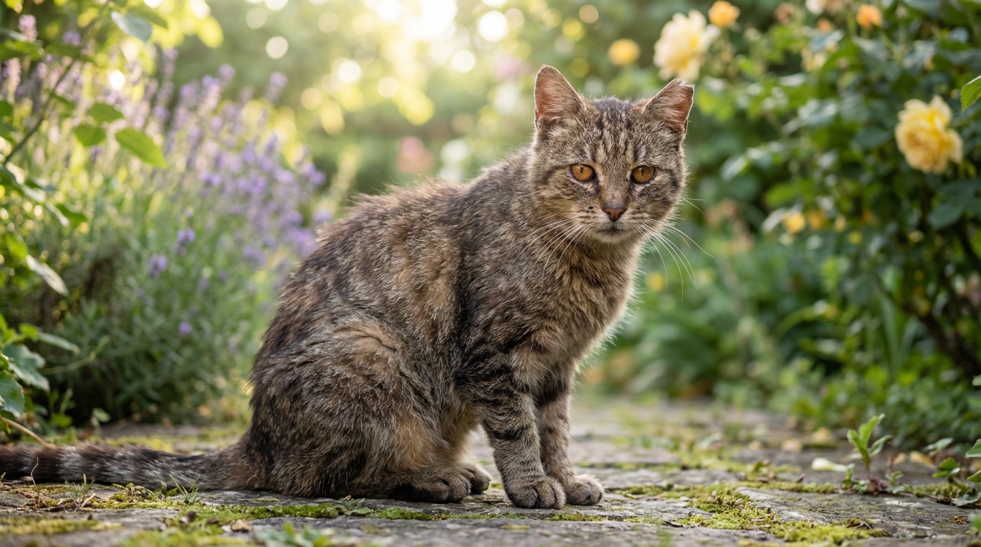 Un chat errant au pelage tigré assis dans l'herbe, regardant l'objectif avec une expression de tristesse et de vulnérabilité.