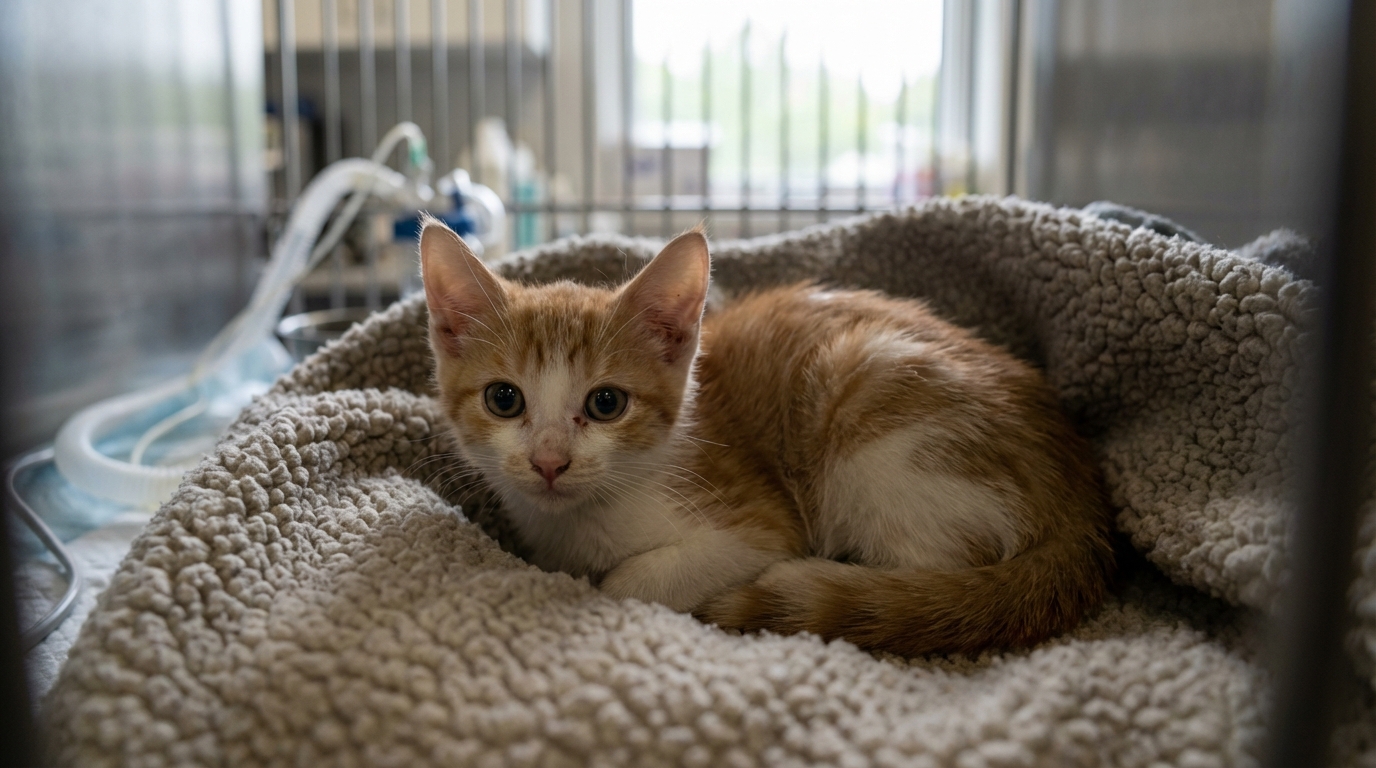 Un petit chat à l'air fragile et craintif, blotti dans une couverture douce dans une clinique vétérinaire après son sauvetage.