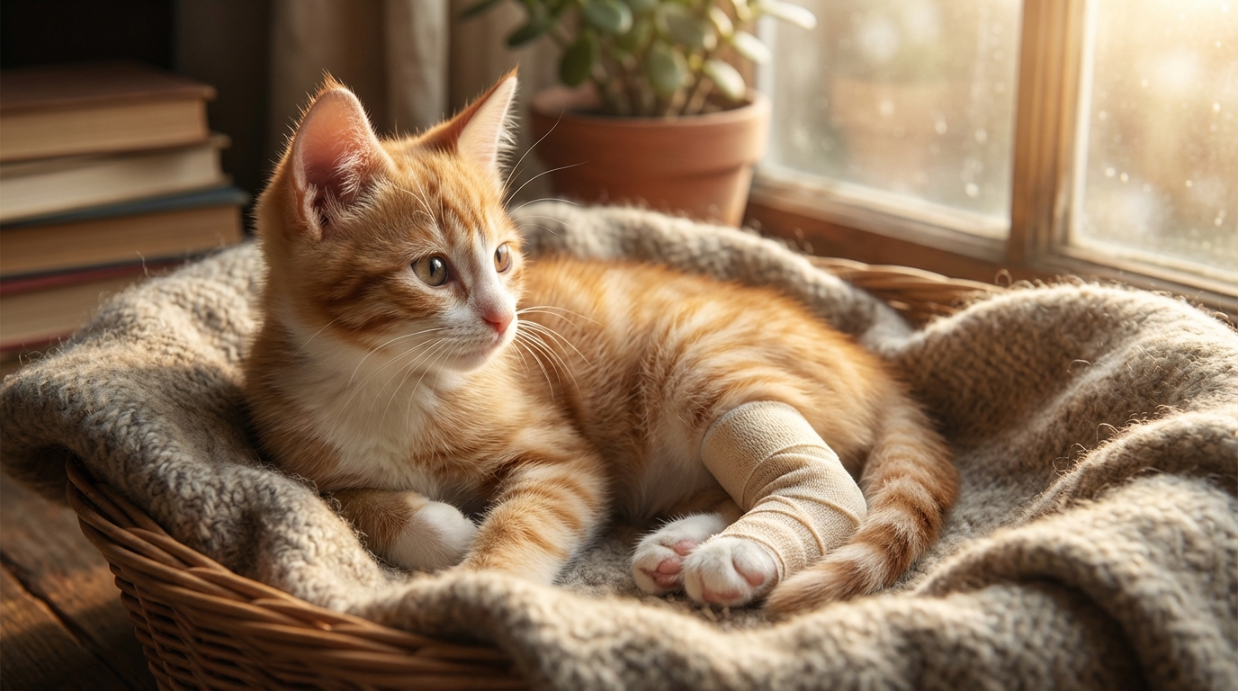 Le chat Hercule, un félin roux et blanc, se reposant courageusement dans un panier après son opération, avec un regard plein d'espoir.