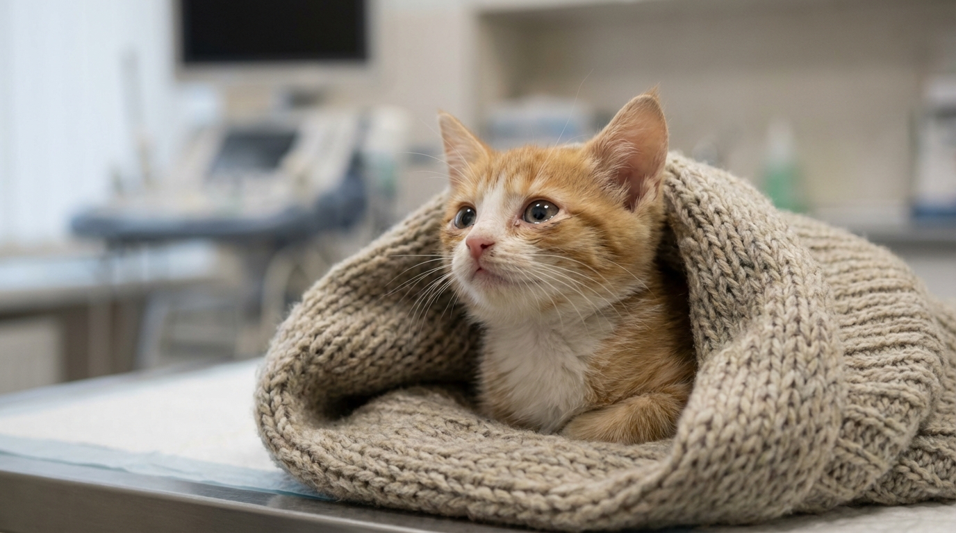 Un petit chat frêle et malade, blotti dans une couverture chez le vétérinaire, recevant des soins après son sauvetage.
