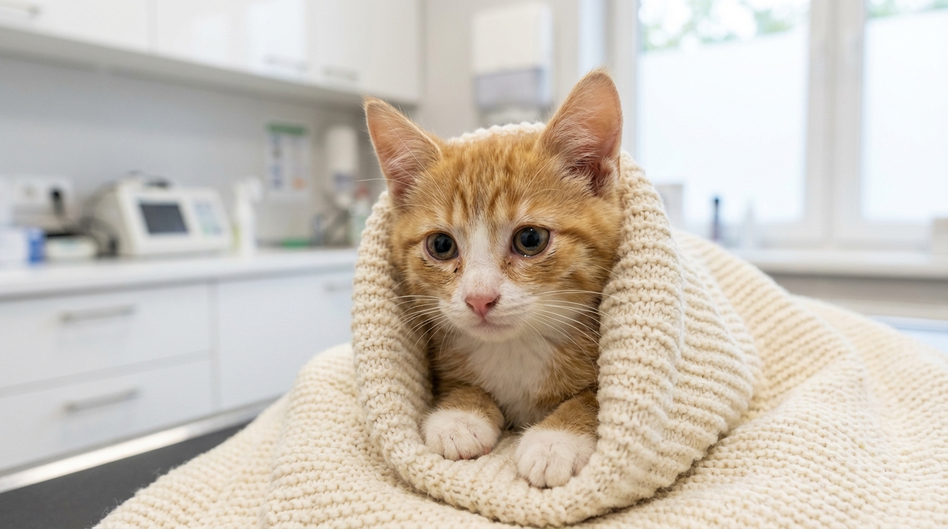 Un jeune chat roux et blanc au regard triste, enveloppé dans une couverture chez un vétérinaire après avoir été secouru.