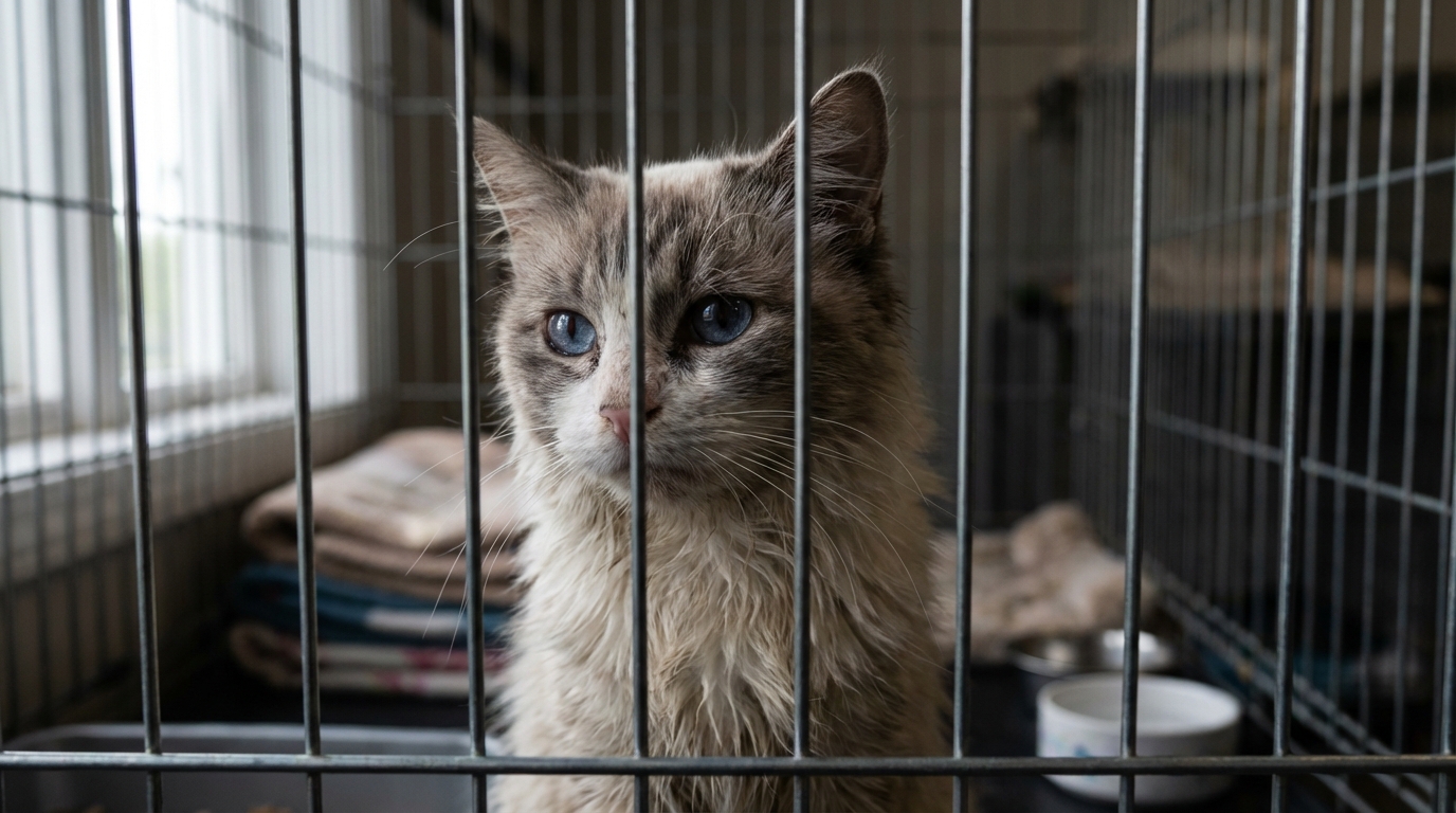 Un magnifique chat Ragdoll aux yeux bleus regarde avec espoir depuis sa cage dans un refuge après son sauvetage.