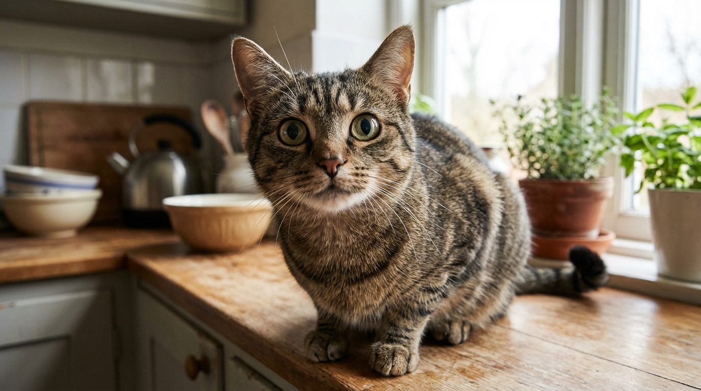 Un chat roux et blanc regarde l'objectif avec une expression d'inquiétude, symbolisant la vulnérabilité des animaux face à la bêtise humaine.
