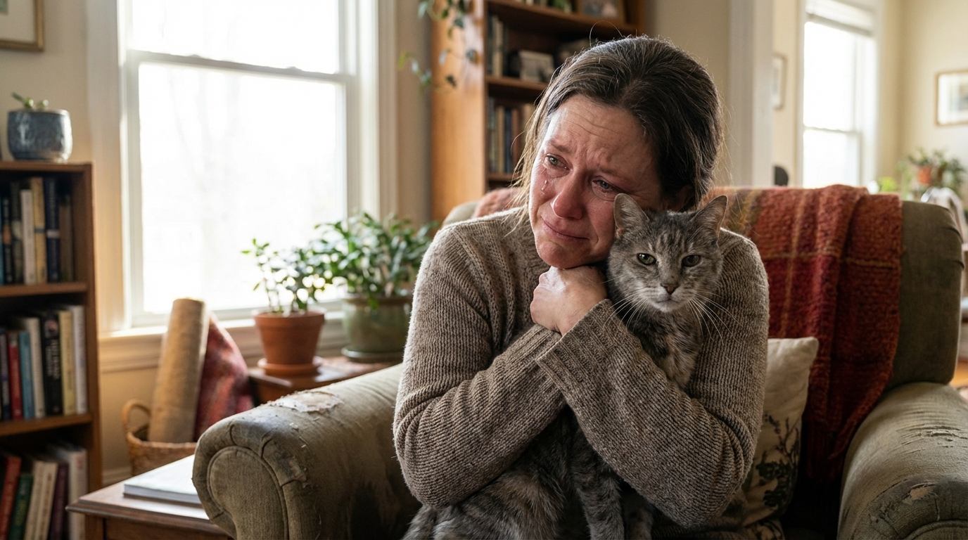 Une personne câline tendrement un chat d'âge mûr au pelage tigré, le regard plein d'émotion et de soulagement dans un salon.