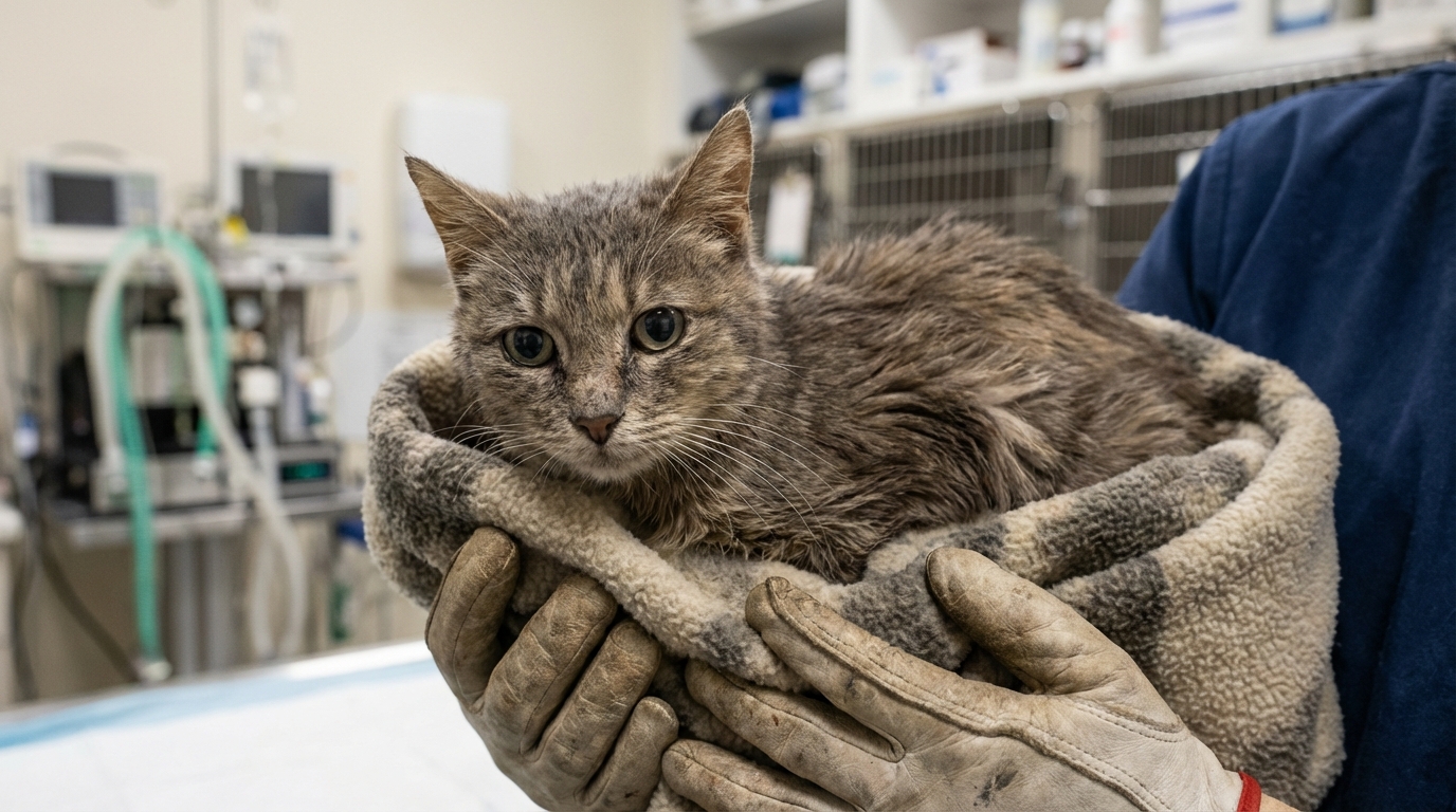 Un chat au regard triste et méfiant, blotti dans les bras d'un secouriste, symbolisant le sauvetage de plus de 100 chats à Paris.