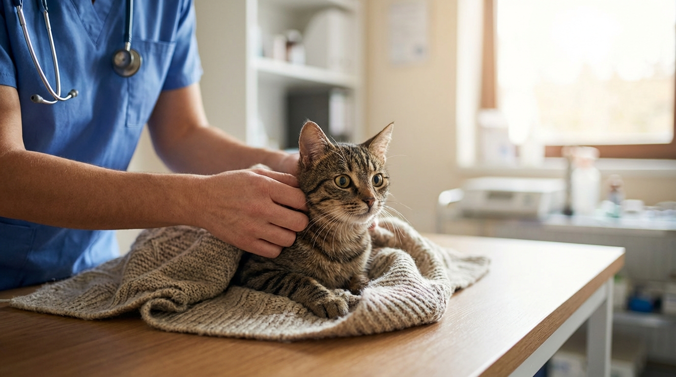 Un chat tigré au regard craintif mais en sécurité, examiné avec douceur par les mains d'un vétérinaire dans une clinique.
