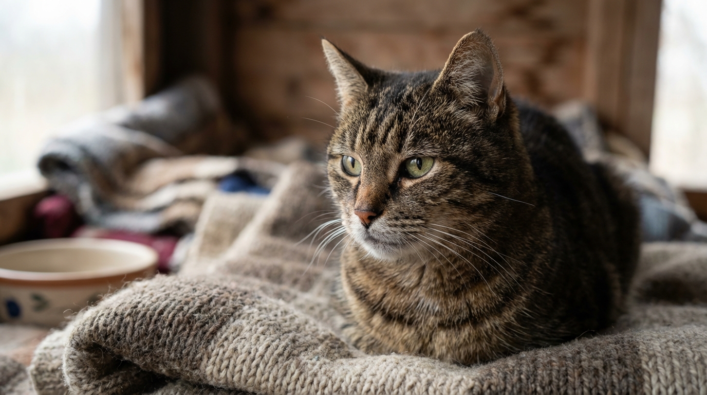 Un magnifique chat tabby senior aux yeux verts expressifs, assis calmement et regardant droit devant, symbolisant une longue attente.