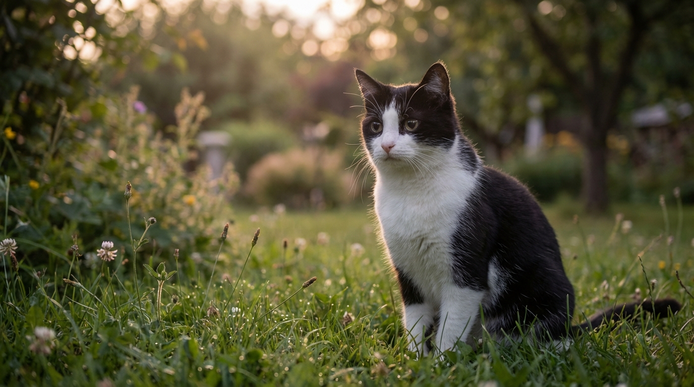 Un chat noir et blanc à l'air triste assis dans un jardin, symbolisant la perte des chats empoisonnés dans les Ardennes.