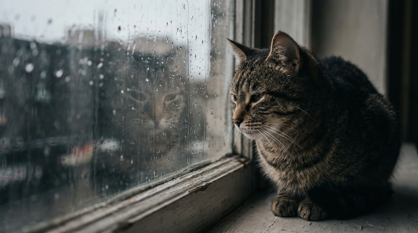 Un chat au regard mélancolique observe la pluie à travers une fenêtre, symbolisant la tristesse et l'injustice de la cruauté animale.
