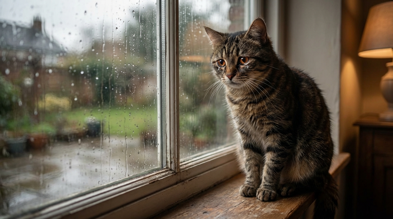 Un chat au pelage roux et blanc regarde tristement par une fenêtre couverte de gouttes de pluie, symbolisant la solitude et la peine.