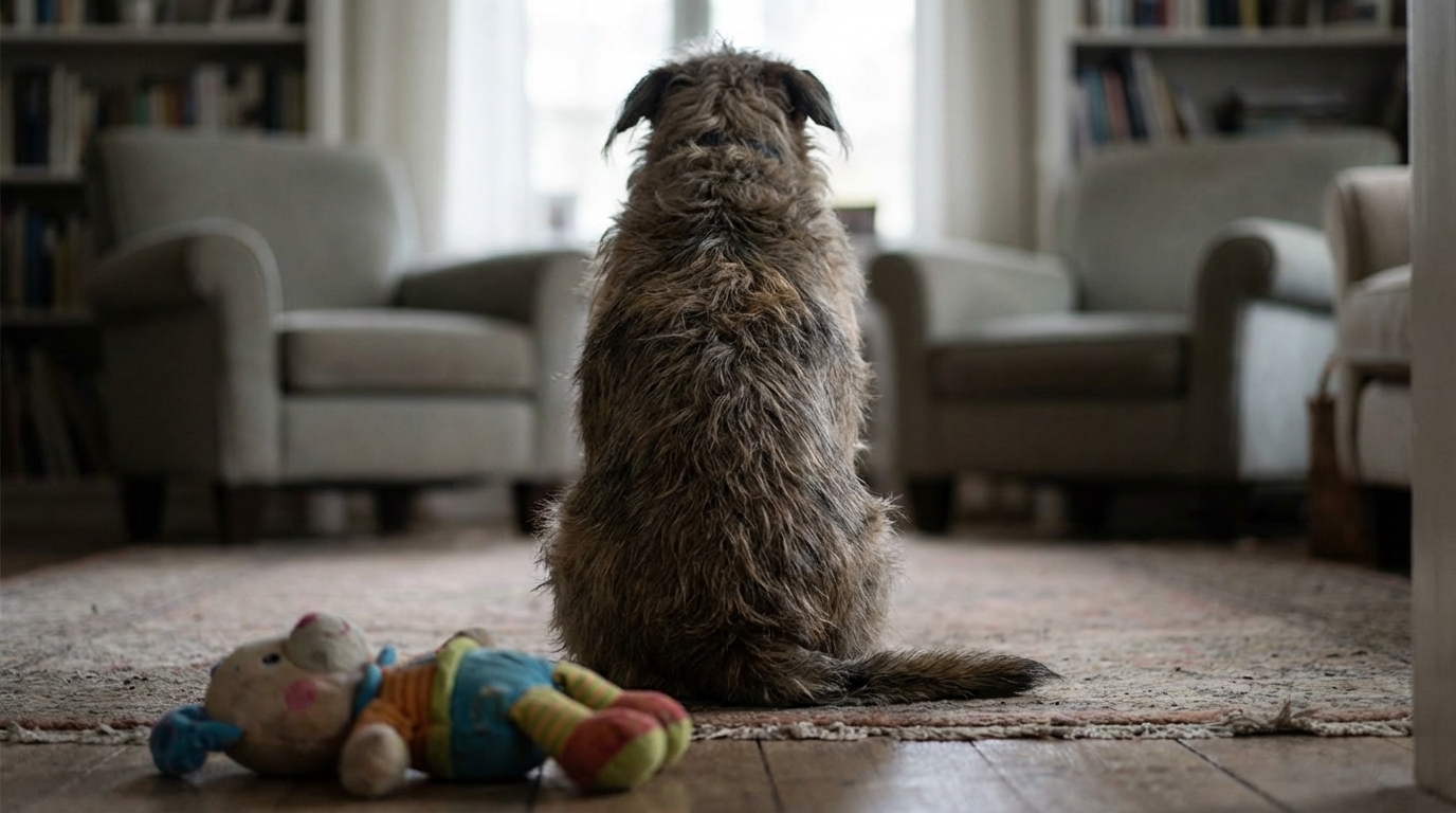 Silhouette d'un chien assis regardant au loin dans une ambiance sérieuse