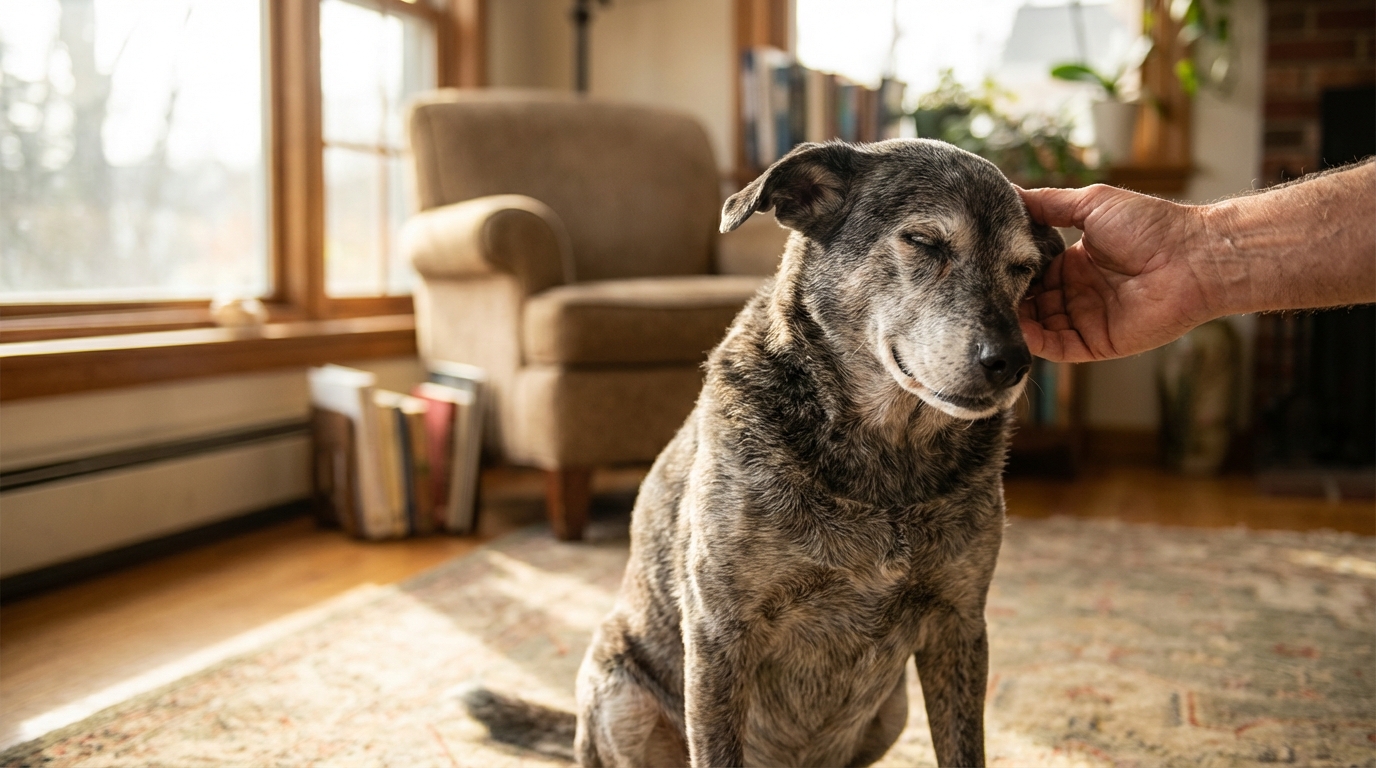 Un chien âgé au pelage grisonnant, les yeux fermés de bonheur, reçoit une caresse affectueuse de son propriétaire dans un salon chaleureux.