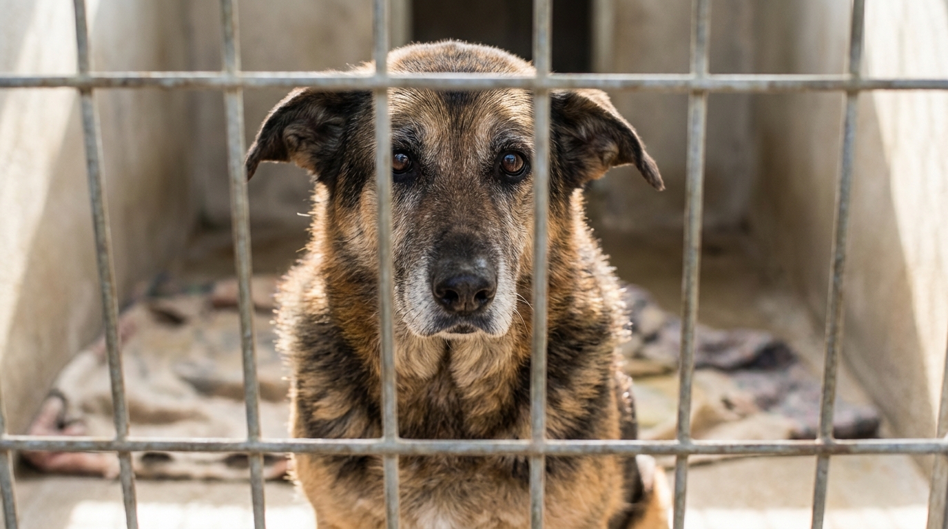 Un chien âgé au regard doux et plein d'espoir attend derrière les barreaux de son box au refuge, espérant une adoption.