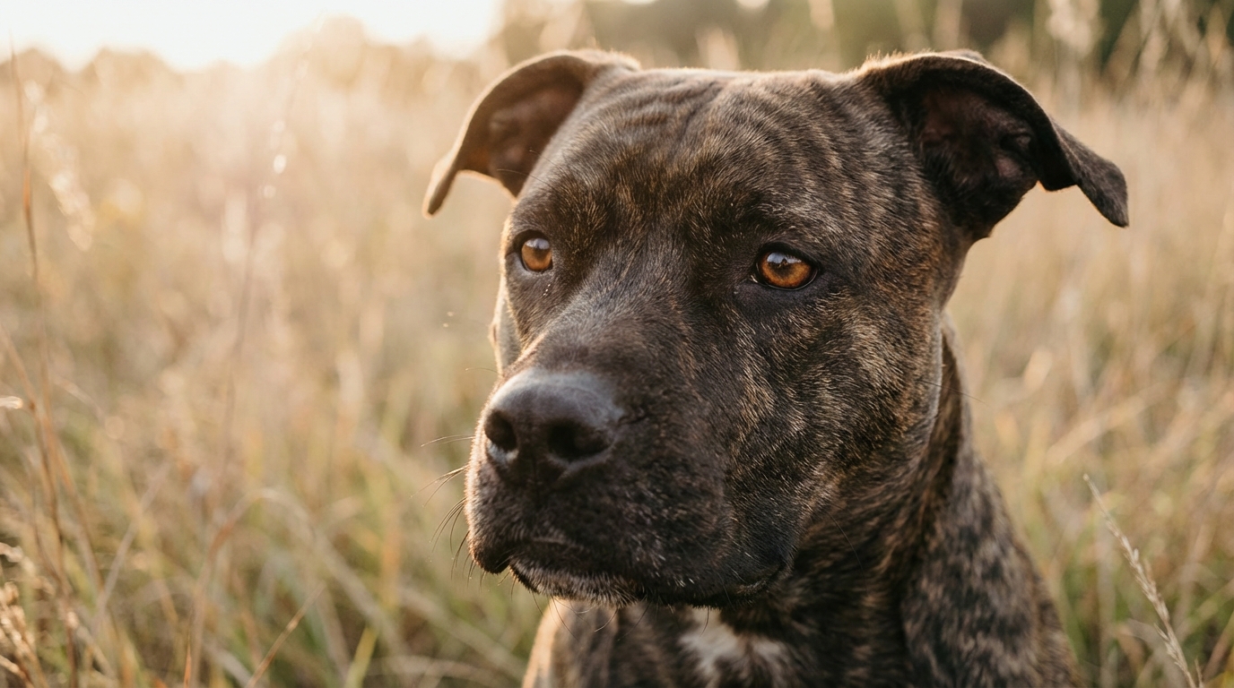 Portrait d'un chien de race American Staff au regard triste et mélancolique, symbolisant la justice pour les animaux maltraités.
