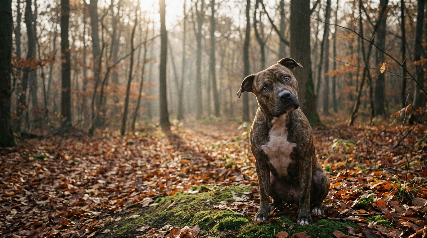 Un American Staffordshire Terrier au pelage bringé est assis dans une forêt, son regard exprime la confusion et la tristesse.