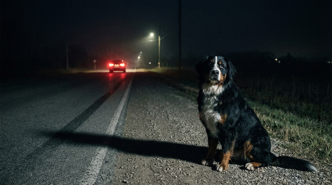 Un chien de type bouvier bernois, seul et triste dans une rue de village sombre la nuit, regardant au loin.