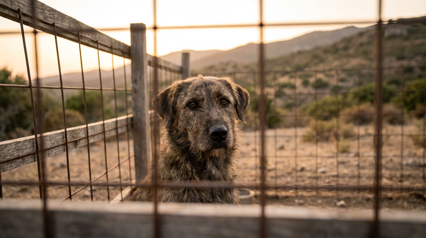 Un chien de chasse au regard mélancolique, vu à travers les barreaux d'un enclos, symbolisant la question de son bien-être.