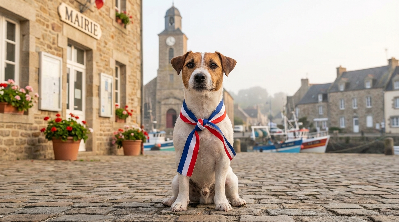 Le chien Chaussette, un Jack Terrier, sur son affiche de campagne pour les élections municipales à Saint-Jacut-de-la-Mer.