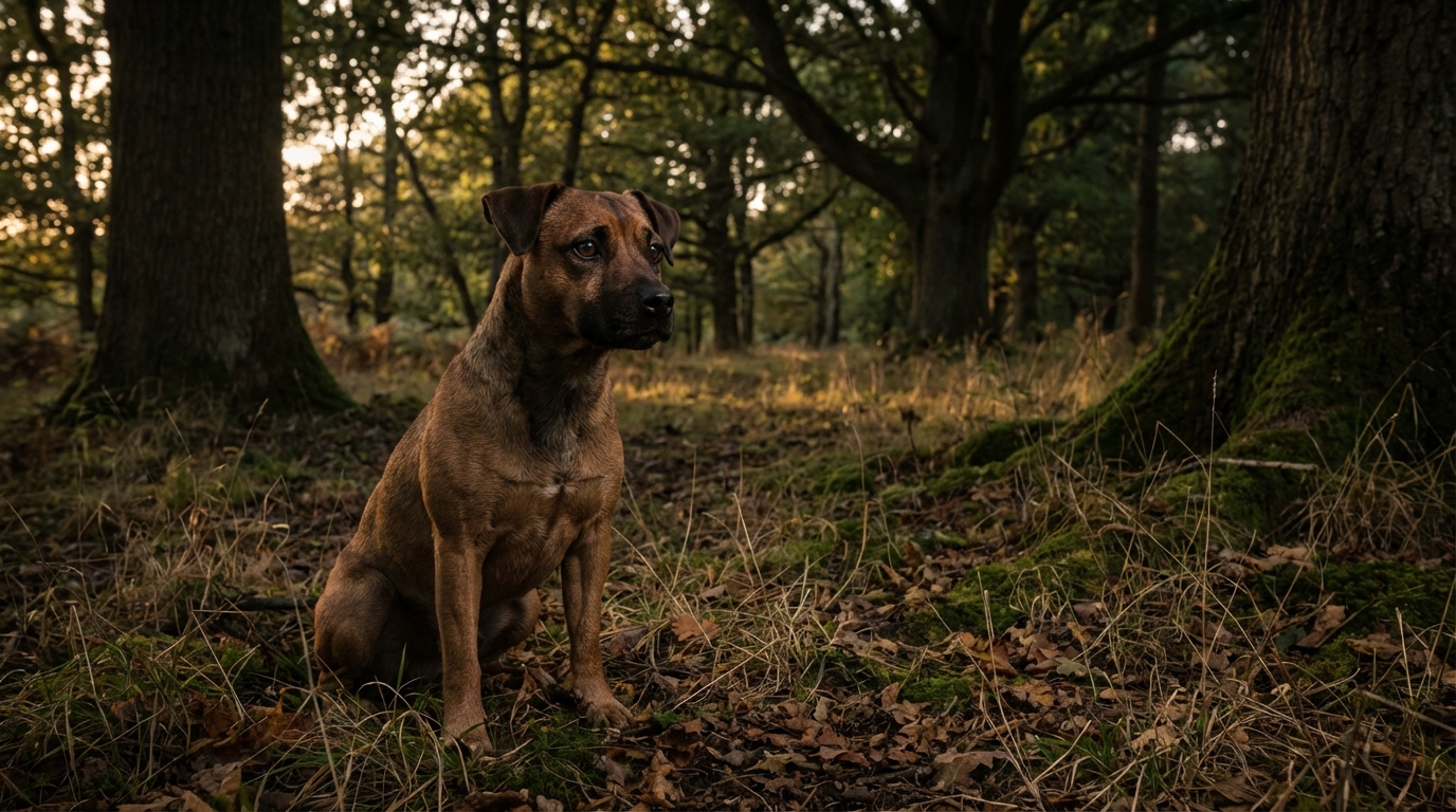 Un chien de type terrier croisé pitbull, assis seul et pensif dans une forêt sombre, symbolisant l'affaire Curtis et Élisa Pilarski.