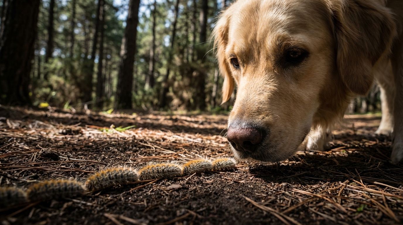 Un chien curieux se penche dangereusement vers une file de chenilles processionnaires sur un sentier forestier.