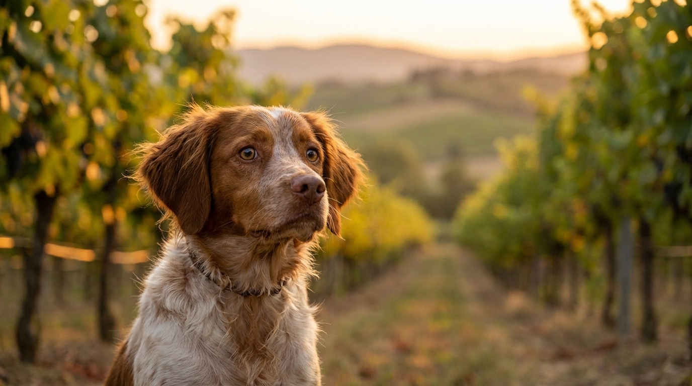 Un chien de type épagneul breton au regard triste et inquiet, assis dans un champ, symbolisant le danger de l'empoisonnement.